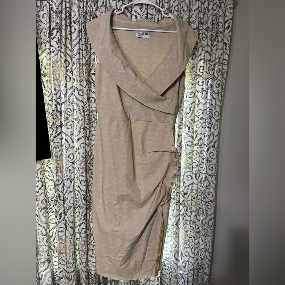 Chiara Boni Dress size 52 ruffled off the shoulder with gold accents